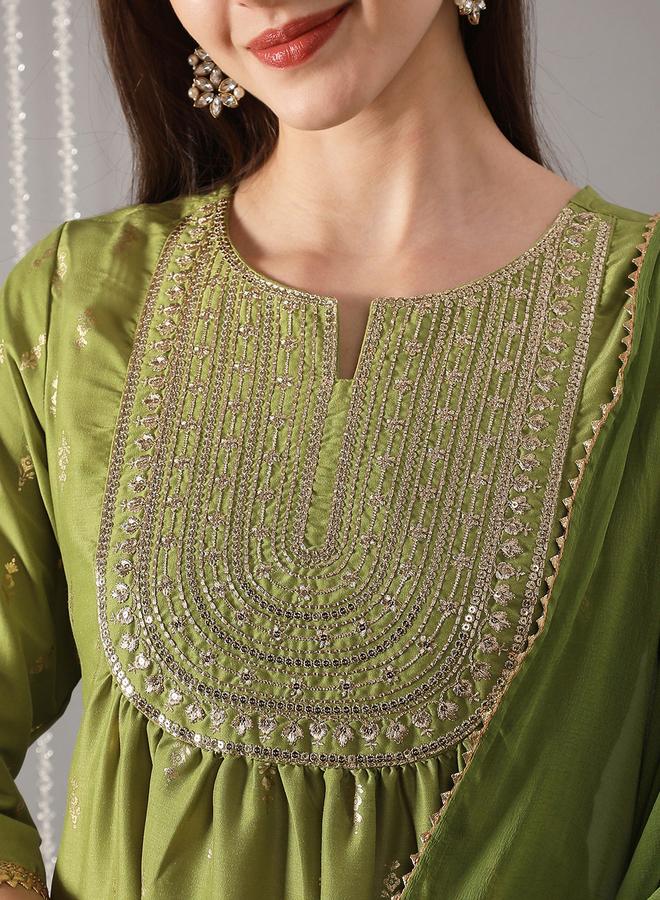 globus Women Green Embroidered A-Line Kurta with Pant and Dupatta Set - Image 3